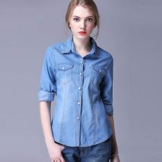 Amart Fashion Denim Kemeja Wanita Lengan Panjang Kerah Yg Terlipat Ke Bawah Kerah Blus Atasan Baju Jeans