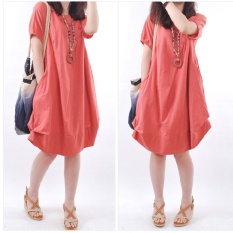 Amart Fashion Korean Summer Women Dresses Cotton Short O Neck Casual Loose Ruffle Dress(Red) - intl