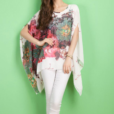 Amart-Baju Atasan Wanita untuk Musim Panas Model Batwing Sleeve Loose Chiffon Floral Print Blouse - intl