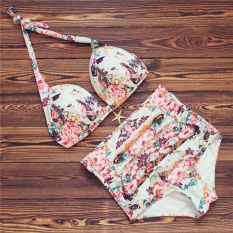 Amart Wanita Bunga Cetak Tinggi Pinggang Mandi Push Up Bikini Set Swimming Pantai Memakai Baju Terusan-Internasional