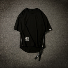 Amoi Gaya Jepang Kapas Amonia Pria Ritsleting Baju Kaos Warna Polos Lengan Pendek Kaus (Hitam) baju Atasan Kaos Pria Kemeja Pria