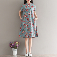Amoi Sastra Dicetak Kapas Yard Besar Peningkatan Gaun Cheongsam (Elegan Biru) baju wanita dress wanita Gaun wanita