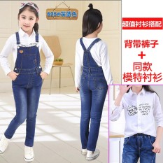 Anak-anak Anak Perempuan Siswa Terusan Celana Keseluruhan Gadis Baju Monyet (625 dari Biru Gelap + Kemeja)