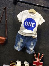 Setelan Anak Laki-laki Dua Potong Pakaian Musim Panas Trendi (Putih Satu Set (dengan Celana Denim Berwarna terang)) (Putih Satu Set (dengan Celana Denim Berwarna Terang))