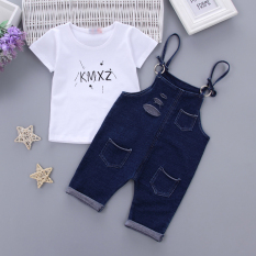 1 Set Setelan Baju dan Celana Anak 1-4 Tahun Bahan Katun Bambu (Musim panas lubang denim-biru) (Musim panas lubang denim-biru)