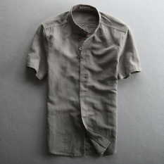 Kemeja Pria Linen Lengan Bang Pendek Kerah Berdiri Membentuk Tubuh Gaya Tiongkok (Lumpur Abu-abu) baju Atasan Kaos Pria Kemeja Pria