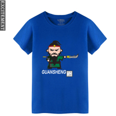 Angin Cina Giok Kirin Baju Lengan Sesiku Katun Kasual Lengan Pendek Kaus (Biru 2)