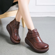 Angin Nasional Kulit Sol Tebal Tahan Udara Ringan Sepatu Wanita Bot Pendek (Hitam (Indah Rajut Anyaman Velcro))