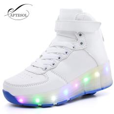 APTESOL Anak Girls/Anak Laki-laki LED Light Roller Skate Shoes High-Top Pulley Sepatu Otomatis Pulley Sneakers dengan Single Roda (Putih) 32-Intl