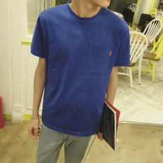 Asli Pria Leher Bulat Warna Warni Lengan Bang Pendek Kaos (Biru)
