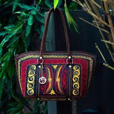 ASOE ACEH SOUVENIR Tas Keong Besar Bordiran Pintoe Aceh Merah Kuning Tas Pegangan Atas Wanita