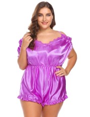 Astar Women Lingerie V-Neck Ruffles Trim Satin One Piece Bodysuit Plus Size(Purple)