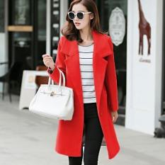 Musim Gugur dan Musim Dingin Wanita Slim Fit Wol Mantel Korea Gaya Lapel Lengan Panjang Kasual Jaket Outwear Fashion Wol Blazer -merah-Intl
