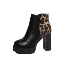 Autumn British Wind Leopard High Heels Waterproof Short Boots Round Head Martin SINGLE Boots Fashion Shoes - intl