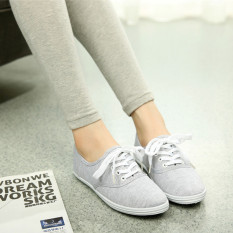 Musim Gugur Fashion Wanita dan Gadis Sepatu Kanvas Sepatu Pantofel Datar Klasik Slip-ons Aksen And Renda-up Abu-abu