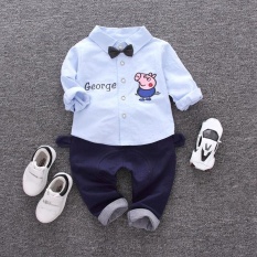 Musim Gugur Produk Baru Bayi Pakaian Kartun Anak Babi Shirt 1-3 Laki-laki dan Perempuan Bayi Kemeja Lengan Panjang Anak-anak's Pakaian Suit Piggy Kecil Paige YL220 80 Cm/90 Cm/100 Cm/110 Cm (Light Biru) -Intl