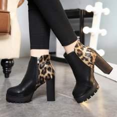 Musim Gugur Musim Dingin British Wind Leopard High Heels Waterproof Pendek Boots Round Head Plus Velvet Martin Boots Sepatu Fashion-Internasional