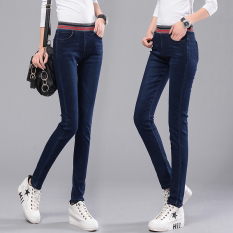 Musim Gugur Musim Dingin Elastis Tinggi Pinggang Wanita Denim jeans Stretch Slim Fit Pensil Celana Celana Panjang (Biru Tua)-Intl