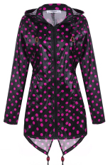 Azone Meaneor Women Anak Perempuan Dot Raincoat Fishtail Hooded Jaket Cetak RAIN COAT (Hitam dan Merah Merah)
