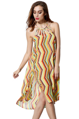 Azone Wanita Kain Sutera Tipis Halter Cetak Lepas Pantai Calf Long Dress (Kuning)-Intl