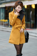 Azone Wanita Super Bergaya Campuran Wol Hangat Mantel Panjang Sabuk Jaket Mantel (Kuning)-Intl-Intl