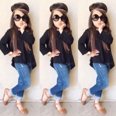 Baby Girls Kid Lengan Panjang T-shirt Tops + Celana Denim Jeans Pakaian Set Pakaian-Intl