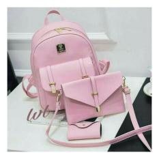 Backpack Set Korean Style 3 in 1 Double Clasp (Tas Ransel 3 in 1, Sling Bag / Tas Selempang, Pouch / Dompet) - Pink