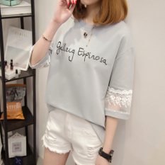 Xianyuansu Kaos Oblong Wanita Warna Oranye Merah Muda/Putih/Biru Renda Longgar Versi Korea (160 (biru))