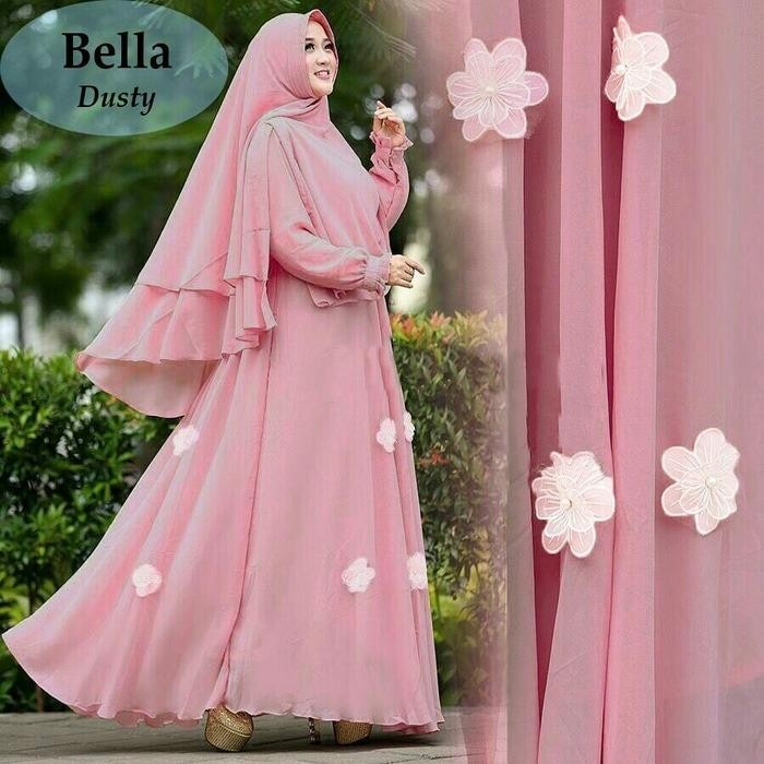 BAJU BUSANA MUSLIM GAMIS BELLA DUSTY PINK BERGO NO PED