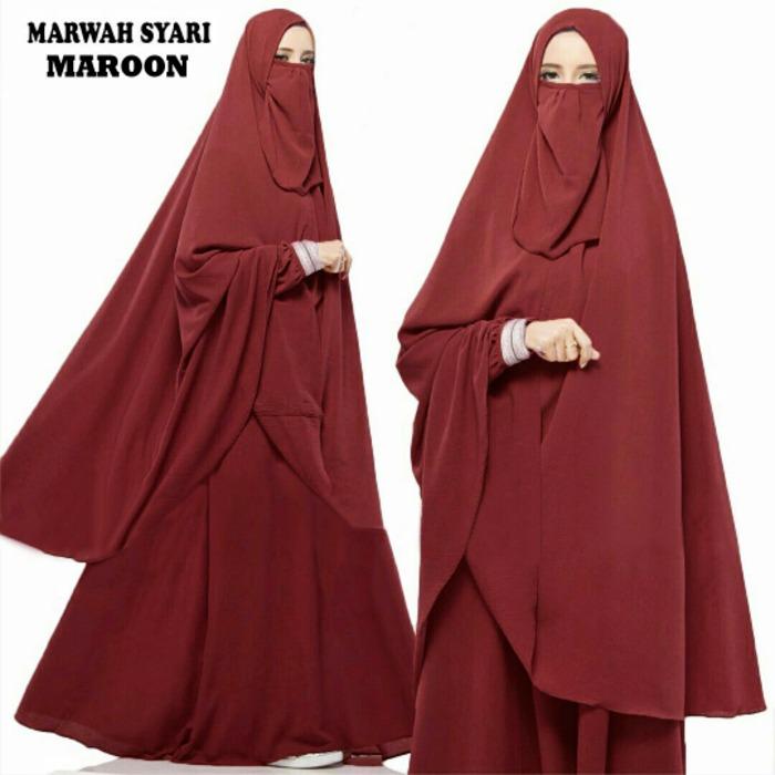 BAJU BUSANA MUSLIM GAMIS MARWAH MAROON BERGO NO PED PLUS CADAR