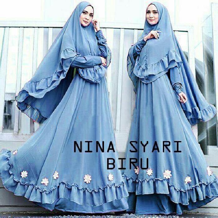 BAJU BUSANA MUSLIM GAMIS NINA SYARI BIRU BERGO NO PED