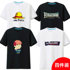 Baju Lengan Pendek Pria Baru Kaos (Putih Topi Jerami + Hitam London + Hitam Gemuk + Putih Fraktur -Lengan Bang Pendek Baju Kaos)