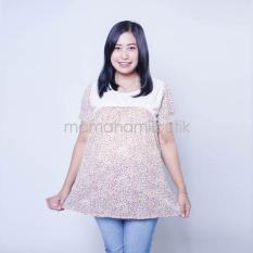 Baju Hamil Atasan Hamil Menyusui Lengan Pendek Motif Bunga Kombinasi Brokat Putih - Merah