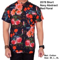 baju kemeja printing abstrak pria lengan pendek hitam floral leaf
