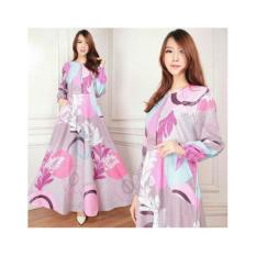 Baju Muslim / Gamis Maxi Dress Katun Motif Bunga Abu-Pink (Emma 01) Tanpa Pasmina