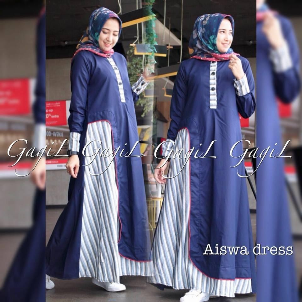 Baju Muslim Original Gamis Aiswa Dress Baju Panjang Muslim Casual Wanita Pakaian Hijab Modern Modis Trendy Terbaru 2018