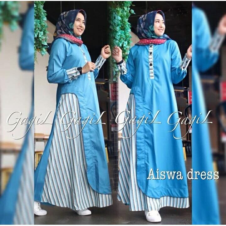 Baju Muslim Original Gamis Aiswa Dress Baju Panjang Muslim Casual Wanita Pakaian Hijab Modern Modis Trendy Terbaru 2018