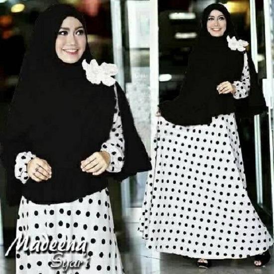 Baju Online 9013 Gamis Syari Pakaian Wanita Cewek Muslim Maxi Maxy Dress Kekinian Murah Pesta Lebaran Kondangan Lengan Panjang Busui Hitam Putih