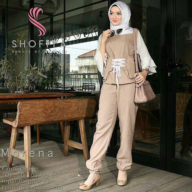 Baju Orginal Morena Set Balotely Celana + Atasan Wanita Muslim Modern Jumsuit Panjang Muslimah Simple Trend 2018
