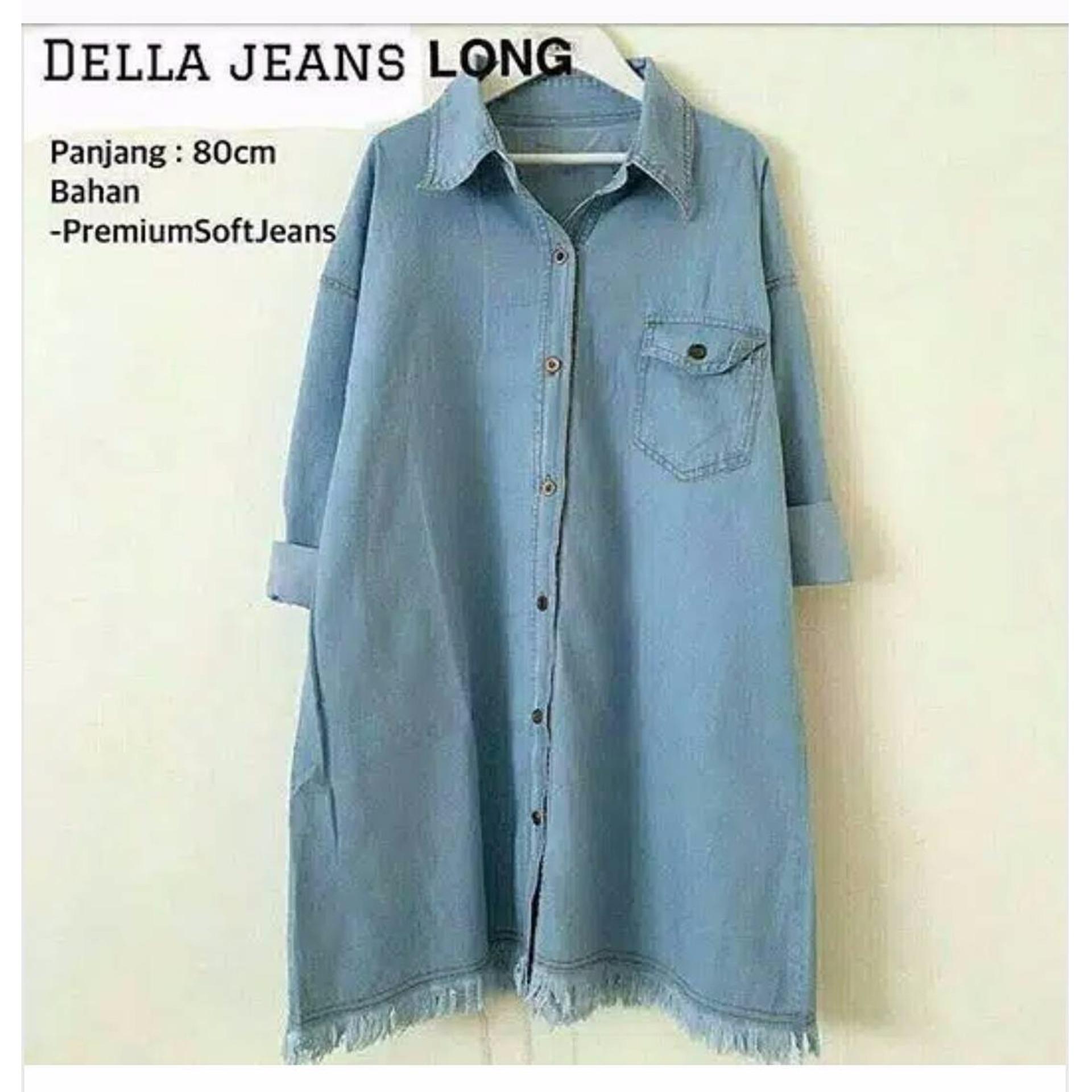 Baju Original Della Jeans Long Tunik Jeans Wash Baju Atasan Wanita Muslim Panjang Pakaian Kerja Santai Casual