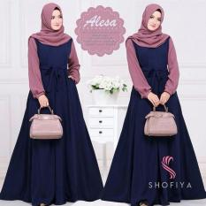 Baju Original Gamis Alicia Dress + Pasmina Baju Panjang Casual Wanita Hijab Baju Modern Trendy Warna Navy-Dusty
