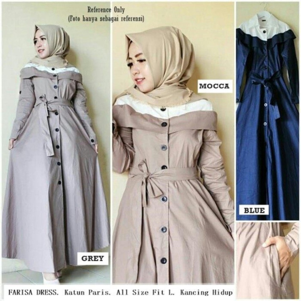 Baju Original Gamis Farisa Dress Gamis Cotton Pakaian Panjang Wanita Muslim Modern Modis Trendy Warna Grey 