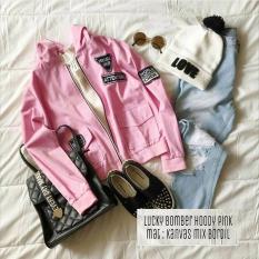 Baju Original Lucky Bomber Hoddy Kanvas Sweater Babyterry Muslimah Jaket Casual Atasan Wanita Pink