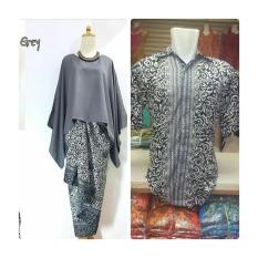Baju Pasangan Pesta / Couple Kebaya Batwing Grey Plus Kemeja Pria Ready Size M L Dan XL