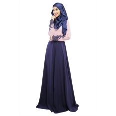 Baju Raya Muslim Long Sleeve Linen Bunga Print Maxi Dress Jubah (DARK BIRU)-Intl