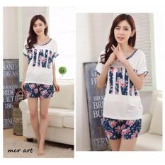 Baju Tidur Wanita Setelan Piyama White Blue PINK Flower