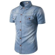 BajuReady 1044 Kemaja Jeans Wash Pria Lengan Pendek Model Terbaru Pakaian Cowok Baju Atasan Laki-Laki Casual Polos Kekinian Busana Laki Laki Distro Formal Kerja Kantoran Santai