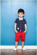2018 Gaya Korea musim panas pakaian anak-anak kemeja laki-laki remaja Set katun ala Inggris 3-5-6-7 tahun Petpet Musim panas pakaian 8