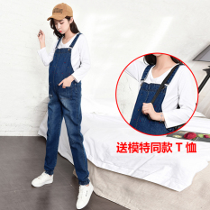 Baru Celana Penyangga Perut Celana Harem Wanita Hamil Denim Romper Pendek (766 (Tidak Berlubang) baju Monyet + Putih Polos Lengan Panjang Baju Kaos)