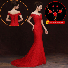 Baru Gaun Pengantin Mermaid Gaun Pengantin Gaun Baju Pelayanan (Merah Bahu Sabrina Gaun Pengantin Mermaid Berekor Panjang)